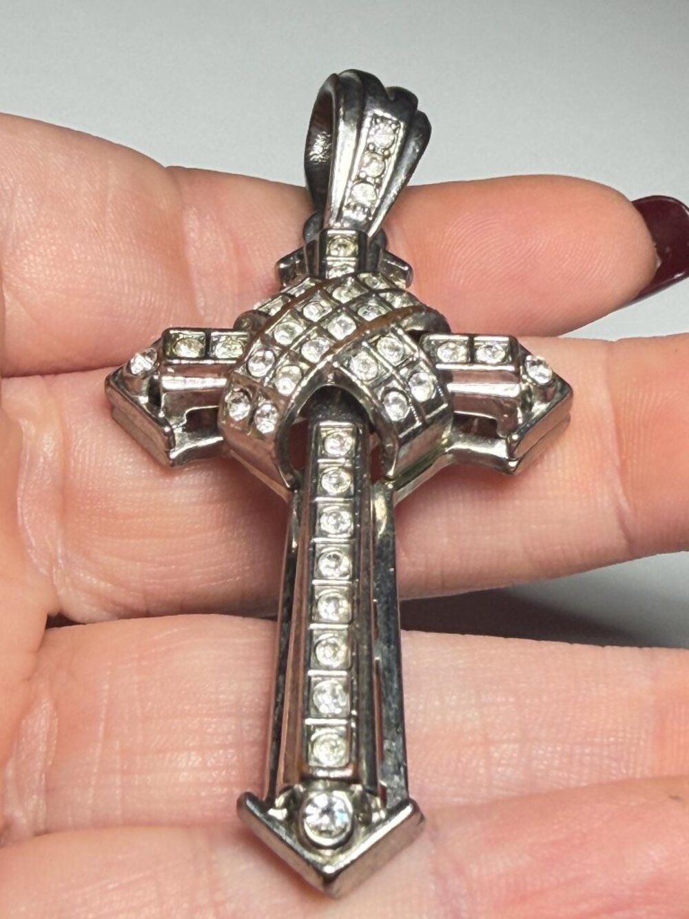 3D Rhinestone Cross Pendant Silver Tone Large Statement Religious Charm 3 inches - Picture 4 of 9